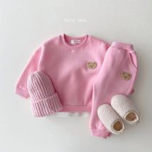 Winter Warm Velvet Newborn Set Baby Girls Clothese Little Bear Embroidery Sports Pullover Top+Pant 2Pcs Wool Lining Clothing