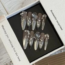 10 Stück schwarzer Rand, glitzernd, französisches Katzenauge, lange Mandel-Kunstnägel, glitzerndes Diamant-Design, handgefertigte künstliche Nägel, zum Aufdrücken der Nagelspitze
