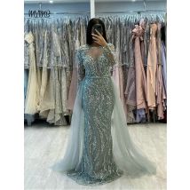 MYMB Klassisches rosa langärmliges muslimisches Abendkleid, elegantes, perlenbesetztes Meerjungfrau-Kleid für formelle Anlässe mit abnehmbarer Schleppe MS66014-3