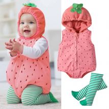 Set pagliaccetto per bebè a forma di fragola da 3-24 mesi con cappuccio con cerniera per ragazze e ragazzi, grazioso outfit per spettacoli teatrali con calze a righe