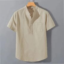 Herren-Sommer-Hemd, einfarbig, kurzärmelig, Taschendesign, täglich, lässig, bequem, atmungsaktiv, Baumwoll-Leinen-Hemdoberteil