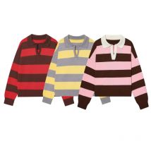 ETJ 2025 Autumn women's new line street style fashion yellow wide stripe polo neck loose version of long-sleeved sweater