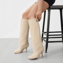 Verbreiterung und vergrößernde kniehohe Damen-Stiefel aus Wildleder mit breiter Wade und quadratischer Zehenpartie, Schuhe für Damen, Plateaustiefel