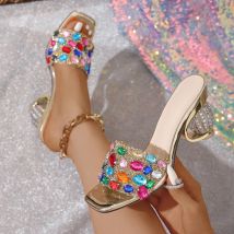 Liyke 2026 New Fashion Mixed Color Gem Diamonds Women Strange Transparent Heels Slipper Summer Sandal Sexy Square Toe Dress Shoe