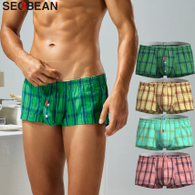 SEOBEAN 100% Cotton new product Men's Plaid Boxer Shorts  Underwear Boxers Home Lounge Shorts Male Underpants Men Sleep Bottoms