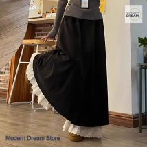 French plus-size stitching fake two lace wide-leg skirt pants women's spring and autumn elastic waist design casual skirt pants