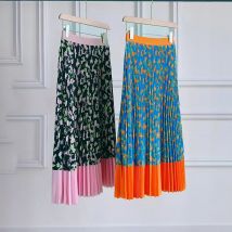 French contrasting printed thin pleated elastic waist A-line skirt  plaid skirt  Loose Fit  korean style  vintage