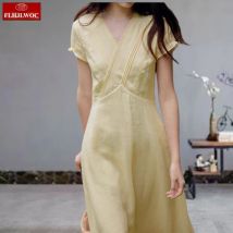Französisch Design Lange Kleider Neue Mode Sommer Kurzarm V-ausschnitt Gelb Spitze Retro Vintage Chic Korea Leinen Hemd Kleid