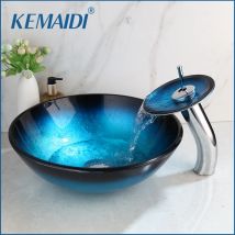 KEMAIDI Blu Oceano Bacino Di Vetro Temperato Lavandino Del Bagno Cascata Lavabo Lavabo Combinare Vessel Vanity Rubinetto del Miscelatore Del Rubinetto Set
