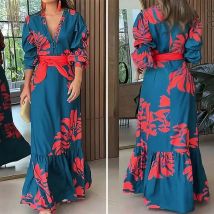 Sexy Elegante Lange Kleid Roben Für Frauen V-ausschnitt Langarm Lose Blume Spitzeup Mode Reise Casual Plus Weibliche Kleidung