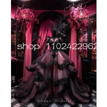 Maßgeschneiderte schwarze rosa gotische viktorianische Ballkleider Puffy Long Sleeve Bustle Korsett Fee Abendkleid Applikation Halloween-Kostüm