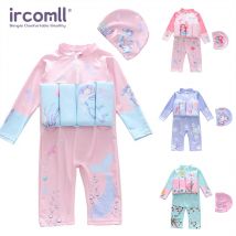 Ircomll Baby Mädchen Auftrieb Schwimmender Badeanzug Lange Ärmel Einteiliger Rock Stil Badeanzug Kinder Strand Surfanzug Bademode + Kappen