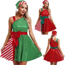 Womens Sequins Christmas Xmas Miss Santa Claus Red Dress with Santa Hat Set Stripes New Year Celebration Santa CCosplay Costume