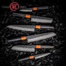 Grandsharp 1–6-teiliges Messer-Set aus Damaststahl mit 67 Schichten 10Cr15MoV-Kern, gehämmerte Klinge aus massivem Holz, Ebenholzgriff, Besteck