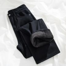 Damen-Herbst-/Winterjeans, mit Fleece gefüttert und verdickt, gerades Bein, lockere Passform, Übergröße für kaltes Wetter, klassische Stretchhose