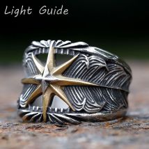 2023 Octagram Ring 316L Stainless Steel Feather Men Ring Hollow Punk Rock Rap for Biker Male Friend Jewelry Creative Gift R-1201