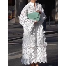 Casual Einfarbig Taste Maxi Kleid Blume Aushöhlen Lose frauen Party Kleid Sexy V-ausschnitt Mit Langen Ärmeln Herbst Kleid vestidos