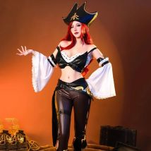 Spiel LOL Die Kopfgeldjäger Miss Fortune Cosplay Kostüm Perücke Sexy Frauen Halloween Party Karneval Anzug Hut Rot Langes Lockiges Haar