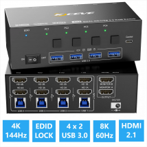 KCEVE 8K KVM-Switch HDMI 4 Port 4K 120Hz USB 3.0 KVM-Switch 4 PC 1/2 Monitor EDID-Emulator One/Dual Monitor Share Keyboard Mouse