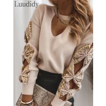 Frauen Pailletten Bowknot Cut-out Langarm Pullover Gestrickte Pullover Jumper Frauen