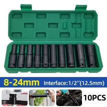 10pcs 1/2-Inch Drive Deep Impact Socket Set, Drive Wrench for Air Pneumatic Repair Tools 8 mm - 24 mm Hex Socket Head Kit