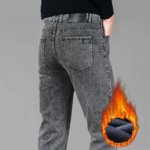 2024 Winter Neue männer Fleece Schwarz Jeans High-end-Trendy Marke Lose Gerade Casual Vielseitig Warme Lange Hosen rauch Grau