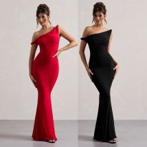 Western-Stil 2025, Herbst, grenzüberschreitend, Damenmode, sexy, schulterfrei, schräge Schulter, schmale Passform, figurbetontes, einfarbiges Kleid