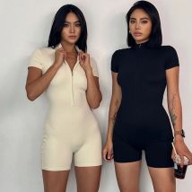 Frauen Yoga Kurzarm Overalls Slim Fit Stretch Einteilige Playsuits Dünne Strampler Sexy Fitness Weibliche Shorts Zipper Sportwears