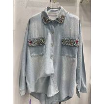 Luxus Sparkle Strass Ganzkörper Heißer Bohren Diamanten Denim Blusen Shirts Für frauen Herbst Kausalen Tops Camisas De Mujer