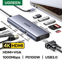 UGREEN HUB USB Doppio monitor da tipo C a 4K HDMI VGA Gigabit RJ45 SD e TF Porte USB 3.0 PD100W Dock per MacBook Dell HP Accessori