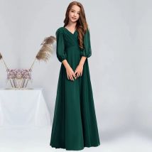 A-Linie, V-Ausschnitt, bodenlang, Chiffon, Junior-Brautjungfernkleid mit Falten, dunkelgrünes Blumenmädchenkleid, Kommunionkleid für Junioren
