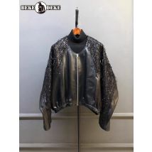 Straße Casual Frauen Echtes Leder Jacke Batwing Hülse Pailletten Quaste Mode Patchwork Lose Fit Oberbekleidung Schaffell Mantel