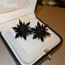 ZAKOL Korea Mode Schwarz Zirkon Blume Stud Ohrringe für Frauen Glänzende Hochzeit Schmuck 2023 Neue