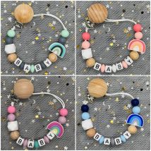 2024 fatto a mano nome personalizzato clip per ciuccio in faggio catena porta ciuccio in Silicone arcobaleno catena per dentizione massaggiagengive regalo