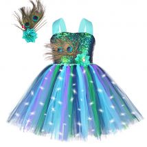 Disfraz de pavo real con luz Led para niñas, vestido de tutú de plumas de flores y lentejuelas para niños, traje de Halloween y Año Nuevo, ropa de fiesta de cumpleaños