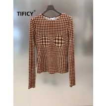 Modische Damen-Pullover-T-Shirts, braunes kariertes Oberteil, schmale Passform und schlankmachende Rundhals-Langarm-T-Shirts, Top-Basis