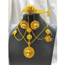 Äthiopische Schmucksets Anhänger/Halskette/Ohrringe/Ring/Armreifen/Haarkette für Frauen Goldfarbene afrikanische Brautgeschenke