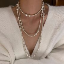 Vintage Long Multi Layered Pearl Necklace for Women Temperament Collar Chain Sweater Chain Necklaces Luxury Jewelry Gift