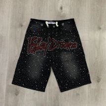 Voller Strass glänzende schwarze Baggy-Jeans-Shorts für Herren, Buchstaben-Stickerei, brillante Diamanten, lockere, knielange Denim-Hose