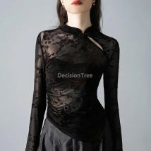 2026 sexy thin gauze retro hollow out blouse autumn new irregular trendy design chinese qipao tops printing long sleeved shirt