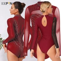Frauen Rhythmische Gymnastik Bodys Künstlerische Eiskunstlauf Ballett Jersey Tanz Performance Kostüm Glänzende Strass Trikot