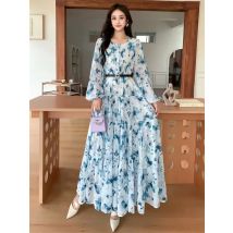 2025 neue Frühling Herbst Frauen Oansatz Langarm Gürtel Dünne Lange Kleid Hohe Qualität Elegante Bigh Saum Floral Chiffon Kleid 6 farben