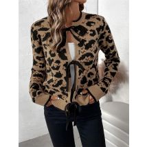 Hochglanz gestrickter Verband Strickjacke Pullover weiblich aushöhlen Patchwork schlanke Leopard T-Shirt Schleife Schnür-Top Strickjacke Strickjacke Top