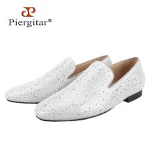 Piergitar Sliver Herren-Loafer aus echtem Leder mit handgefertigten, hellen und glänzenden Strasssteinen für modische Party/Bankett, rote Unterseite