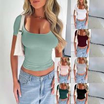 2025, Sommer Neue Mode Damen T-Shirt Top Kurzarm Square Neck Slim-Fit Kurze Tops