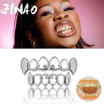 JINAO NEU 2024 Hip Hop Vampirzähne Zähne Set Grillz Männer Frauen Ober- und Untergrill Punk Rapper Halloween Flamme Cosplay