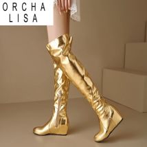 ORCHA LISA Overknee-Stiefel, 60 cm hoch, glänzend, modisch, runde Zehenpartie, Keilabsatz, große Größe 47 48 US16, US17, Rot, Schwarz