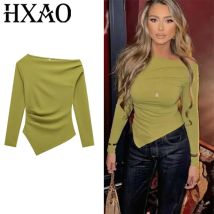 HXAO Damen Sexy Elegante Tops 2025, Frühling, Langarm-Pullover, modisch, lässig, Y2k, Weiß, Schwarz, Rot, Grün, Tops für Damen