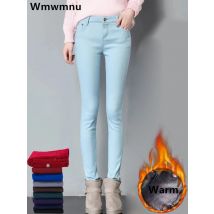 Jeans skinny foderati in velluto addensato color caramello Donna Inverno Vita media Leggings caldi Vaqueros Pantaloni a matita in denim elasticizzato oversize