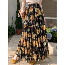2026 Frühling Sommer Plissierter Bedruckter Rock für Damen Neuer Retro Urlaubs-Strandrock mit Chiffon-Einsätzen Großer Schwingrock Lang WA257